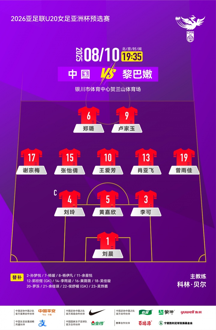 开云-中国女足U20vs黎巴嫩女足首发：卢家玉、王爱芳先发，郑璐出战